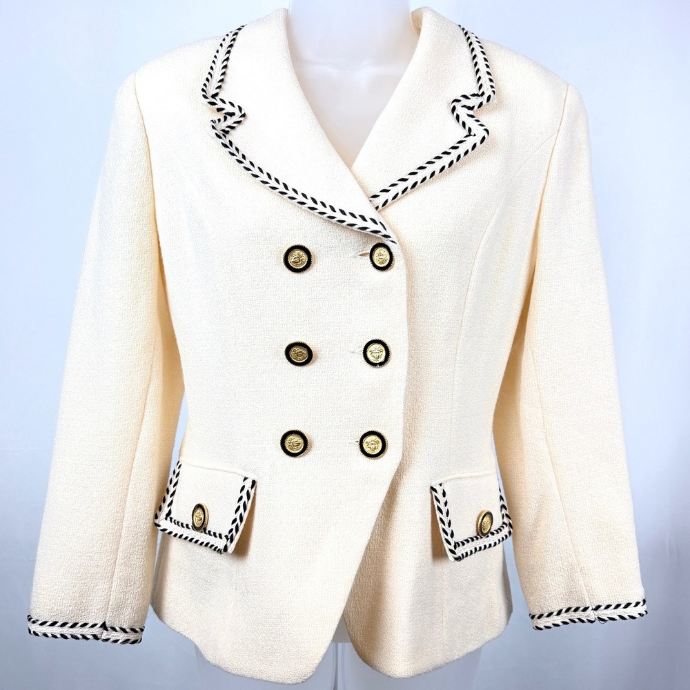 Vintage 80s Lillie Rubin Wool Blazer Size 4 Ivory Double Breasted USA Gold Trim